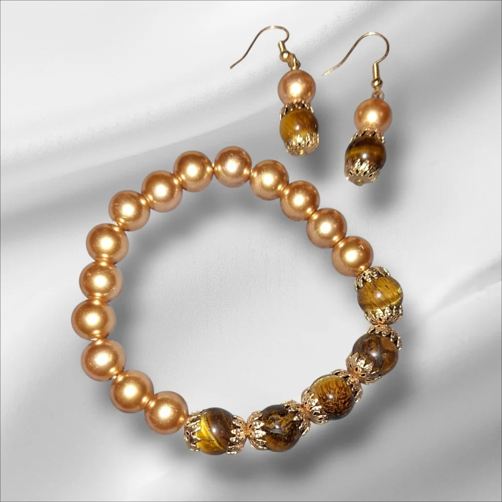 Set Tigers Eye Gold Faux Pearl Stretch Beaded Bracelet And Dangle Earrings